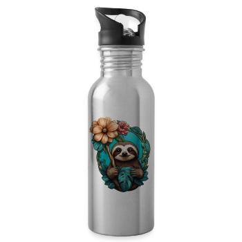 Faultier und Blume - Trinkflasche mit integriertem Trinkhalm - Lightsilver - Rechts