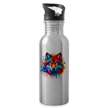 Colorful Splash Art Red Wolf Lover Wolves - Water bottle with straw - silver - Right