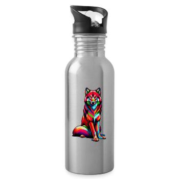 Colorful Pop Art Red Wolf Lover Wolves - Water bottle with straw - silver - Right