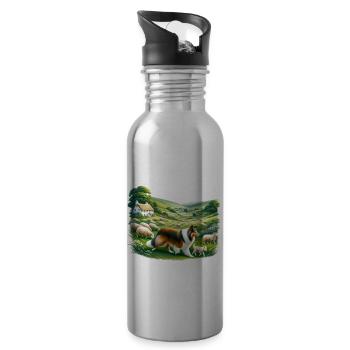 Collie Shepherd's Cottagecore Meadow Men Women - Water bottle with straw - silver - Right