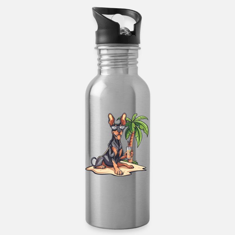 Dobermann Hund Sommer - Trinkflasche mit integriertem Trinkhalm - Lightsilver