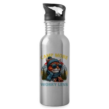 Camping Cat Camper Tent Mountains Nature Campsite - Water bottle with straw - silver - Right