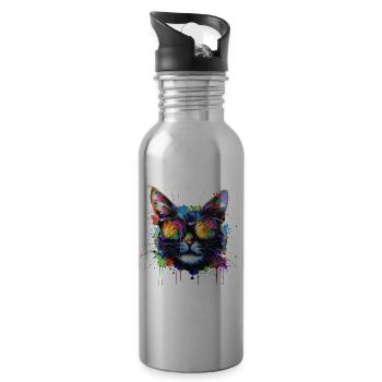 Cool Sunglasses Cat Covered In Rainbow Paint - Trinkflasche mit integriertem Trinkhalm - Lightsilver - Rechts