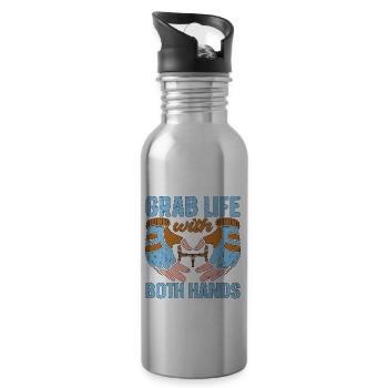 Cyclist Grab Life With Both Hands Mountain Biking - Water bottle with straw - silver - Right