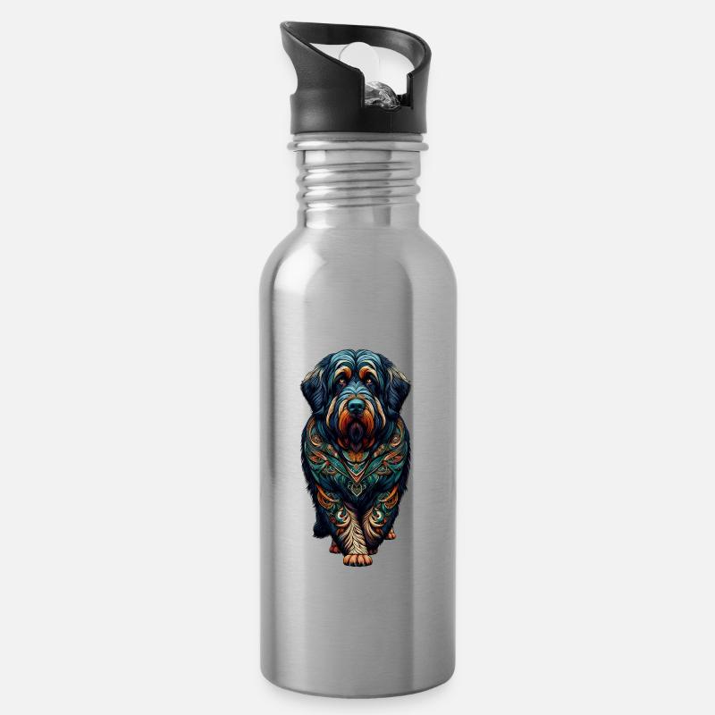 Mandala Art Briard Briards - Trinkflasche mit integriertem Trinkhalm - Lightsilver