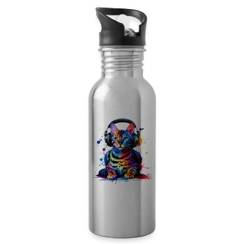 Bunte Splash Art Kopfhörer Bengalische Katze - Trinkflasche mit integriertem Trinkhalm - Lightsilver - Rechts