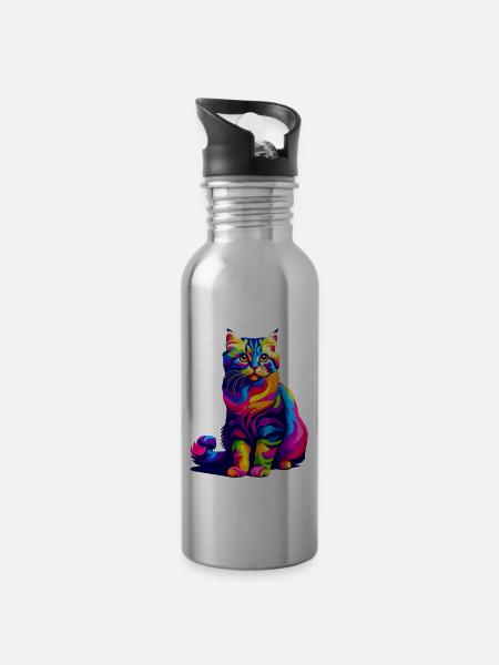Bunte Pop Art American Curl - Trinkflasche mit integriertem Trinkhalm - Lightsilver