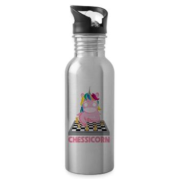 Lustiger Schachspieler Einhorn Schacheinhorn - Trinkflasche mit integriertem Trinkhalm - Lightsilver - Rechts
