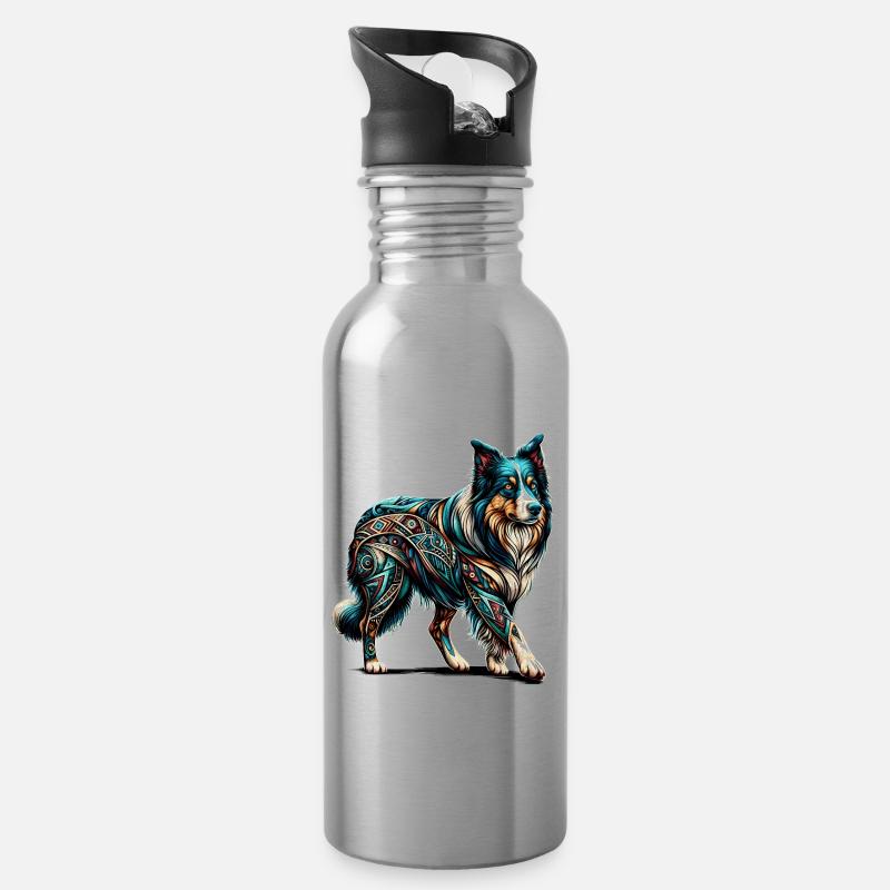 Mandala Art Border Collie Border Collies - Gourde avec paille intégrée - argent clair