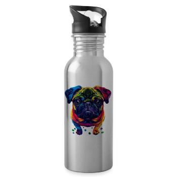 Mops Hund Bunte Farben Pop Art Regenbogen Carlino - Trinkflasche mit integriertem Trinkhalm - Lightsilver - Rechts