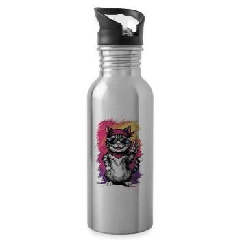 Streetstyle Katze Graffiti Kunst Streetart - Trinkflasche mit integriertem Trinkhalm - Lightsilver - Rechts