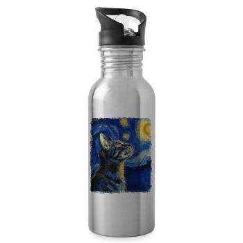 American Shorthair Cat Starry Night Painting - Water bottle with straw - silver - Right