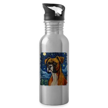 Boxer Dog Starry Night Painting - Water bottle with straw - silver - Right