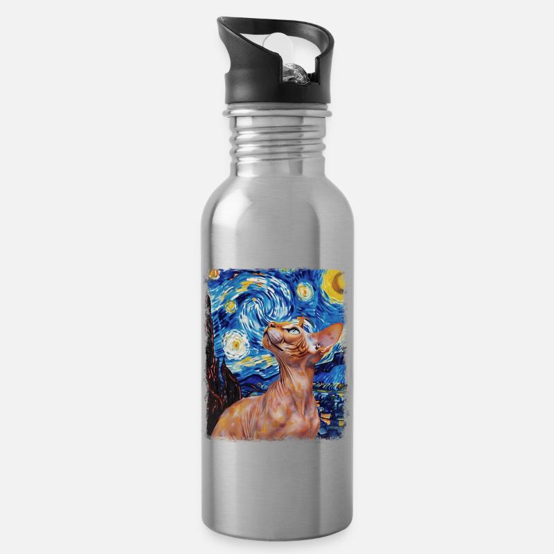 Sphynx Katze Sternennacht Gemälde - Trinkflasche mit integriertem Trinkhalm - Lightsilver