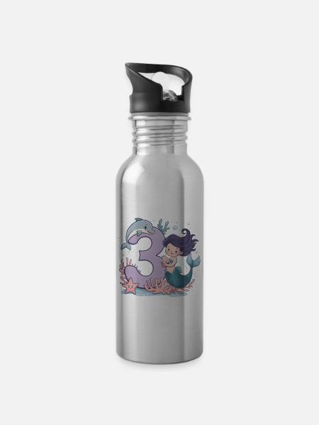 3. Geburtstag Mädchen 3 Jahre Meerjungfrau Party - Trinkflasche mit integriertem Trinkhalm - Lightsilver