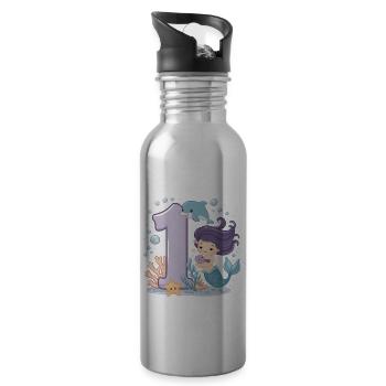 1st Birthday Girl 1 Year Mermaid Party - Water bottle with straw - silver - Right