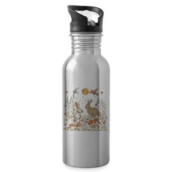 Cottagecore Aesthetic Rabbit Moon Mushroom Witchy - Water bottle with straw - silver - Right