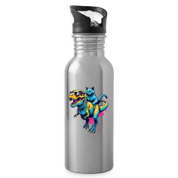 Pop Art Dinosaur T-Rex Chartreux Tyrannosaurus - Water bottle with straw - silver - Right