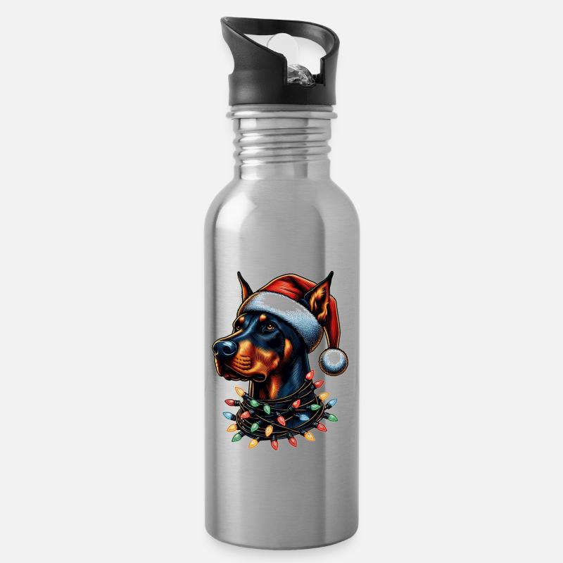 Dobermann Hund Weihnachten Hut Xmas - Trinkflasche mit integriertem Trinkhalm - Lightsilver