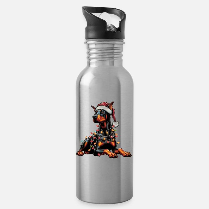 Dobermann Hund Weihnachten Hut Xmas - Trinkflasche mit integriertem Trinkhalm - Lightsilver