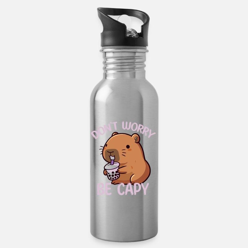 Don't Worry Be Capy Bubble Tea Capybara Lover - Water bottle with straw - silver