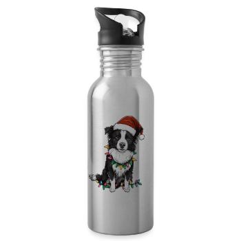 Border Collie Chien Père Noël Noël - Gourde avec paille intégrée - argent clair - Droite