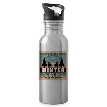Winter Vibes: Retro Sunset & Nature - Water bottle with straw - silver - Right