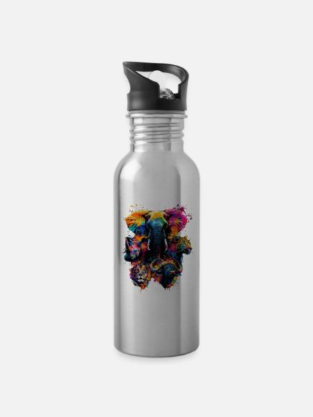 Bunt Künstlerisch Big Five Wildtiere Safari - Trinkflasche mit integriertem Trinkhalm - Lightsilver