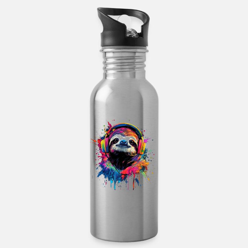 Bunt Künstlerisch Faultier mit Kopfhörer - Trinkflasche mit integriertem Trinkhalm - Lightsilver