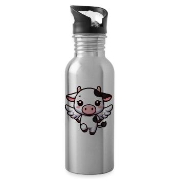 Cute Cow as Angel Cartoon Design - Water bottle with straw - silver - Right