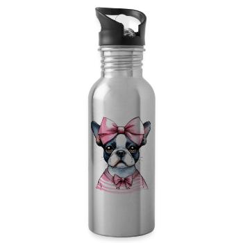 Coquette Bow Boston Terrier Dog Mom Pink - Water bottle with straw - silver - Right