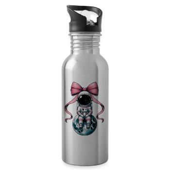Coquette Bow Astronaut Space Pink Ribbon Mom - Water bottle with straw - silver - Right
