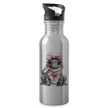 Coquette Bow Ankylosaurus Dinosaur Girl - Water bottle with straw - silver - Right