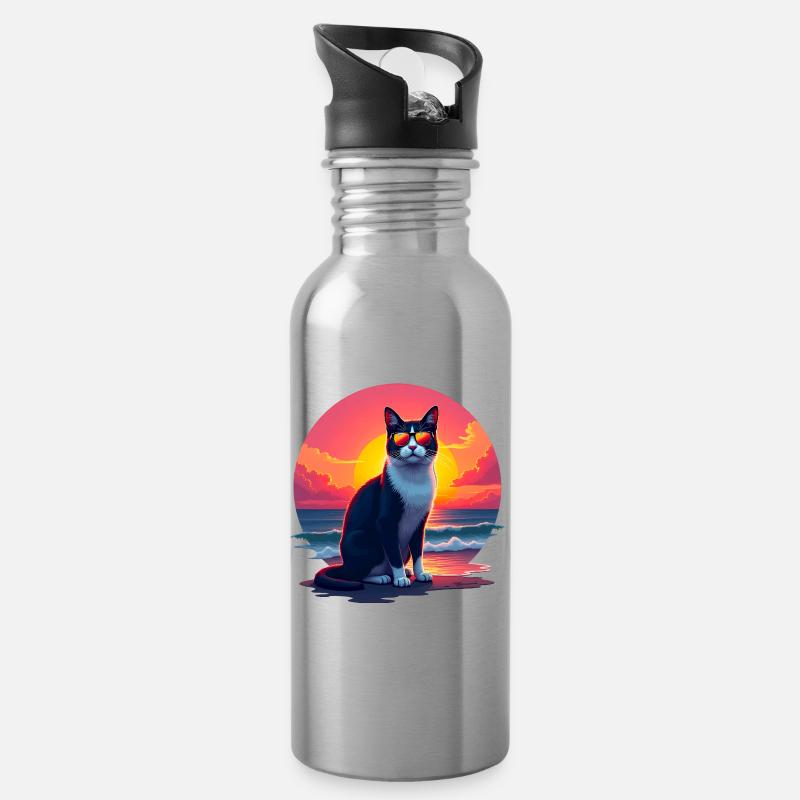 Chat sur la plage - Gourde avec paille intégrée - argent clair