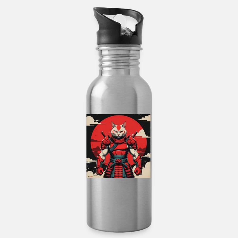 Samurai-Katzenkrieger - Trinkflasche mit integriertem Trinkhalm - Lightsilver
