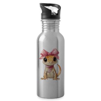 Coquette Bow Bonnet Gecko Lizard Mom Girl Pink - Water bottle with straw - silver - Right