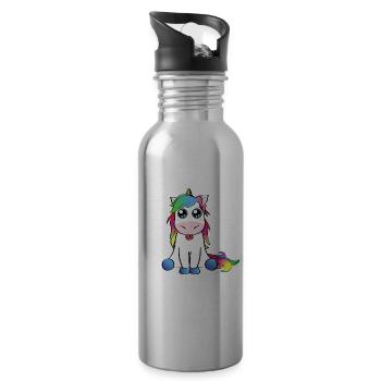 Regenbogen Einhorn Geschenkidee streckt Zunge raus - Trinkflasche mit integriertem Trinkhalm - Lightsilver - Rechts
