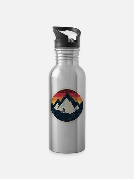 Retro Mountain Bike Sunset - Water bottle with straw - silver
