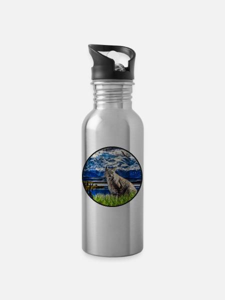 Luchs Wildkatze Freiheit - Trinkflasche mit integriertem Trinkhalm - Lightsilver