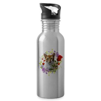 Cat laughing with rose for love - Water bottle with straw - silver - Right