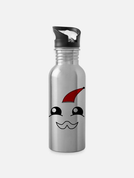 Cute face with a beard and christmas hat - Water bottle with straw - silver