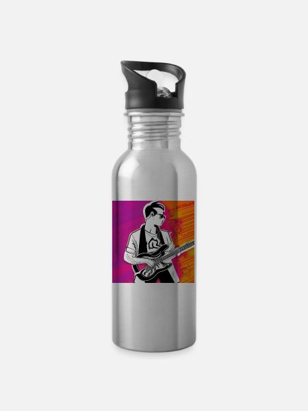 Gitarrist Pop Art - Trinkflasche mit integriertem Trinkhalm - Lightsilver