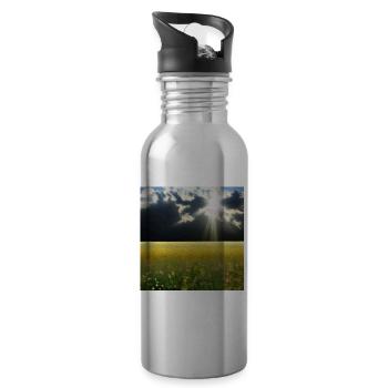 Sunny meadow with fluffy clouds - Water bottle with straw - silver - Right