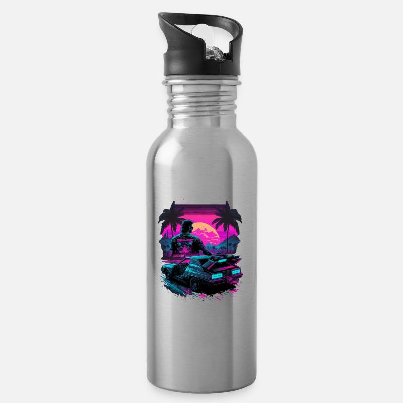 80er Jahre Neon - Trinkflasche mit integriertem Trinkhalm - Lightsilver