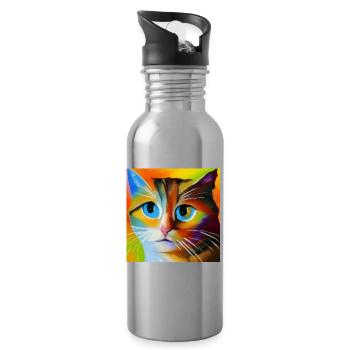 Abstract cat portrait - Water bottle with straw - silver - Right