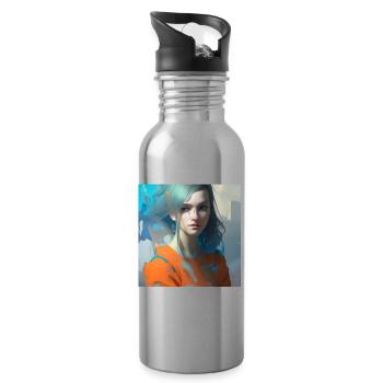 Beautiful woman watercolor painting - Water bottle with straw - silver - Right