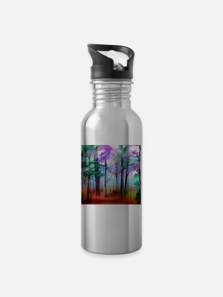 Aquarelle forêt nature - Gourde avec paille intégrée - argent clair