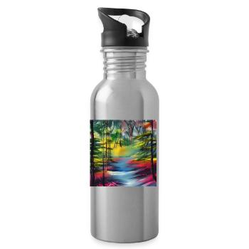 Aquarelle rivière en forêt - Gourde avec paille intégrée - argent clair - Droite