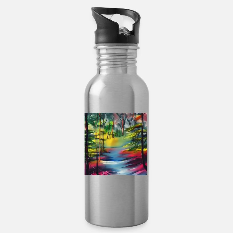 Aquarelle rivière en forêt - Gourde avec paille intégrée - argent clair