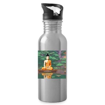 Cartoon buddha statue art - Water bottle with straw - silver - Right